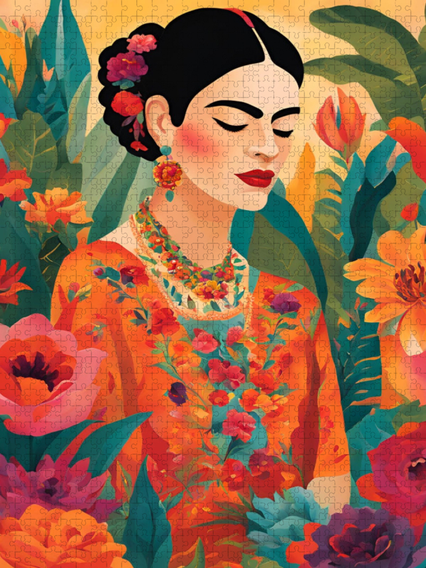 Tropische Ruhe. Frauenporträt in Farben des Lebens. Frida Kahlo inspiriert.