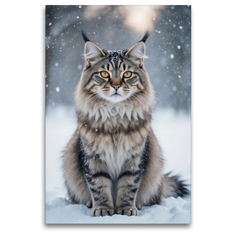 Die Maine Coon Katze sitzt im Schnee und zeigt ihre faszinierende Anmut im winterlichen Licht.