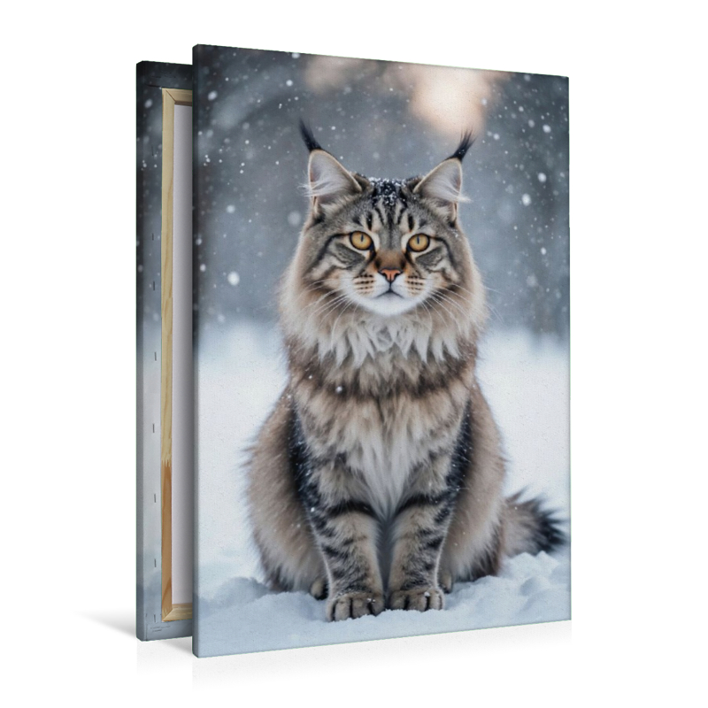 Die Maine Coon Katze sitzt im Schnee und zeigt ihre faszinierende Anmut im winterlichen Licht.
