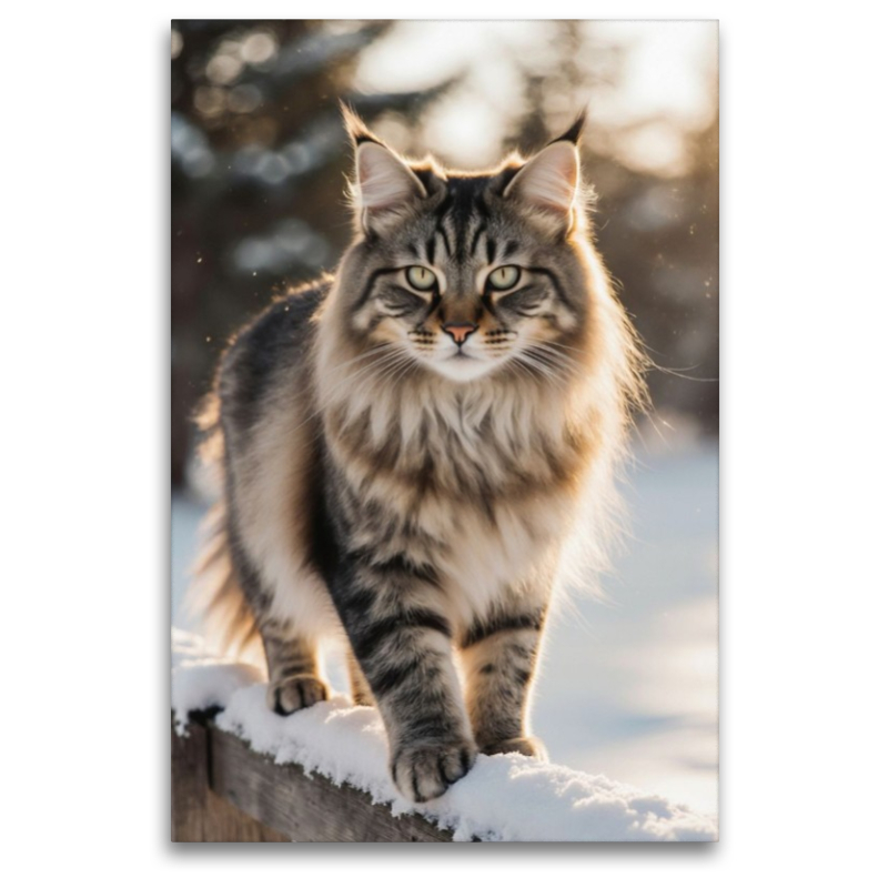 Majestätische Maine Coon Katze im Winter – edles Katzenporträt im Schnee
