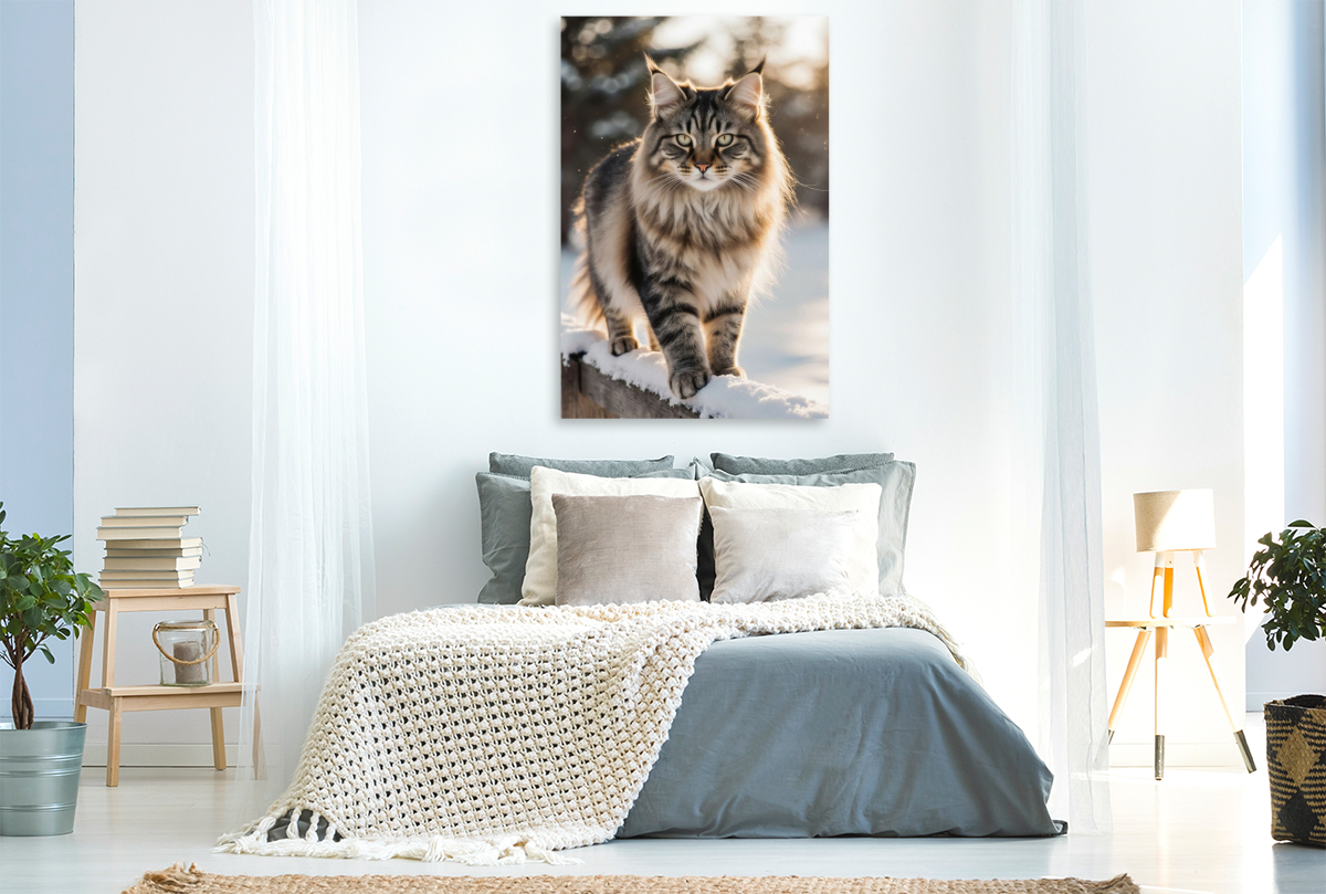 Majestätische Maine Coon Katze im Winter – edles Katzenporträt im Schnee