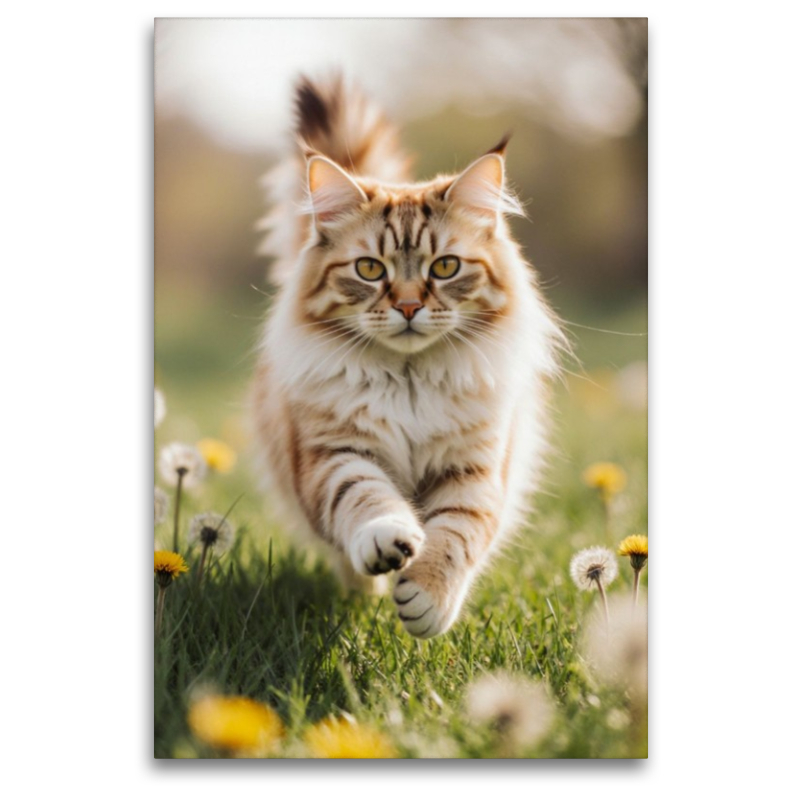 Die Maine Coon Katze läuft voller Energie durch eine blühende Frühlingswiese.