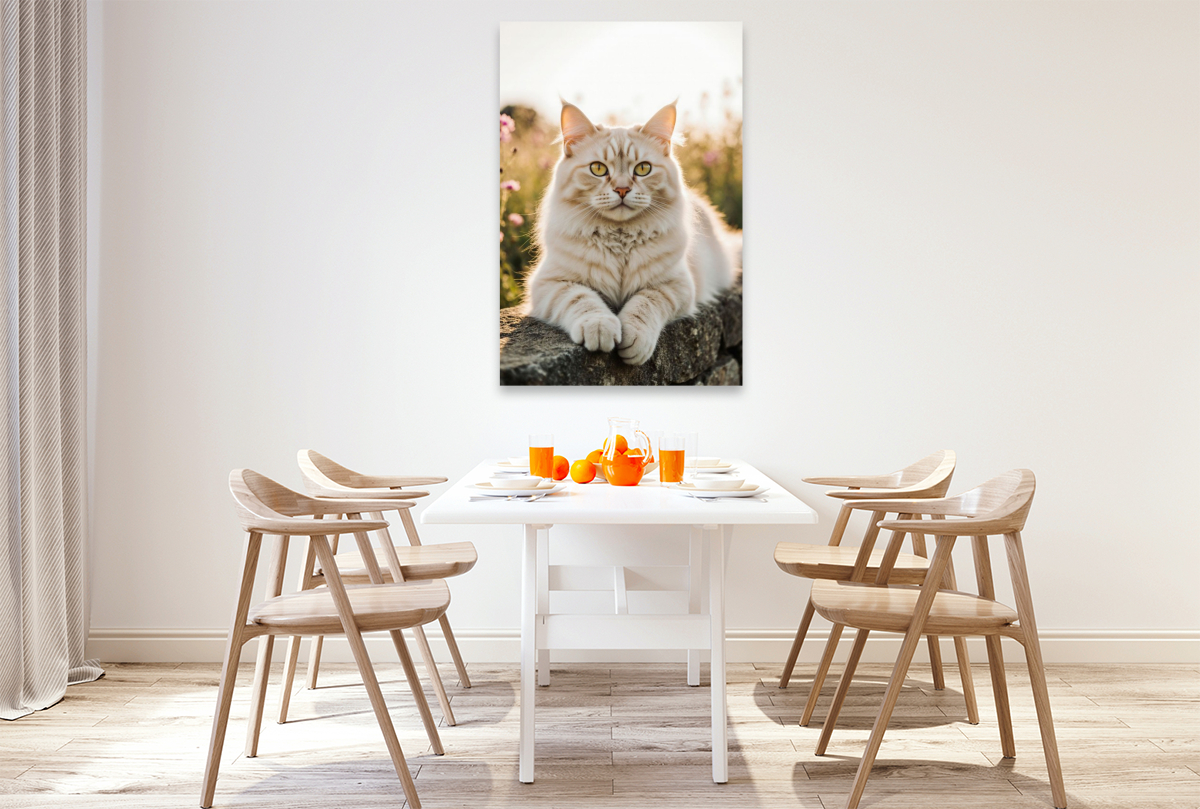 Die Maine Coon Katze liegt entspannt auf einer Mauer und genießt das warme Sonnenlicht.