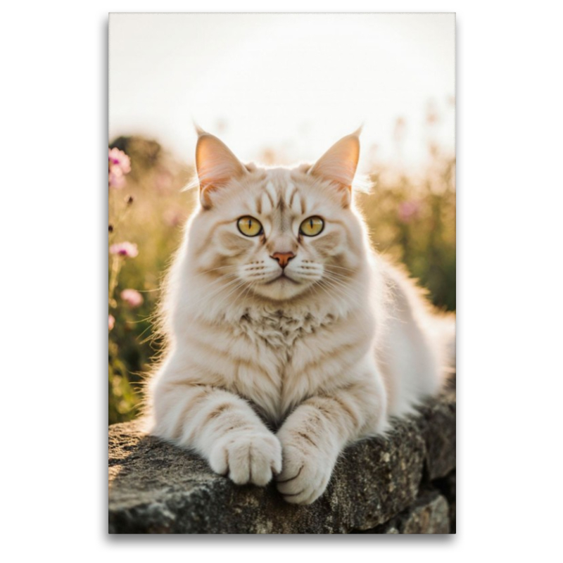 Die Maine Coon Katze liegt entspannt auf einer Mauer und genießt das warme Sonnenlicht.