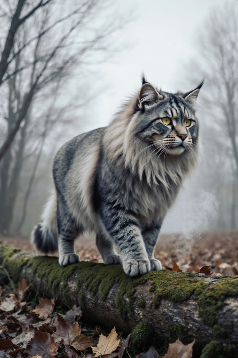 Die Maine Coon Katze schreitet durch den herbstlichen Wald und zeigt ihre kraftvolle Präsenz.