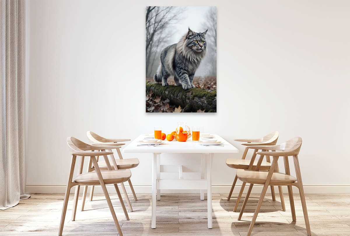 Die Maine Coon Katze schreitet durch den herbstlichen Wald und zeigt ihre kraftvolle Präsenz.