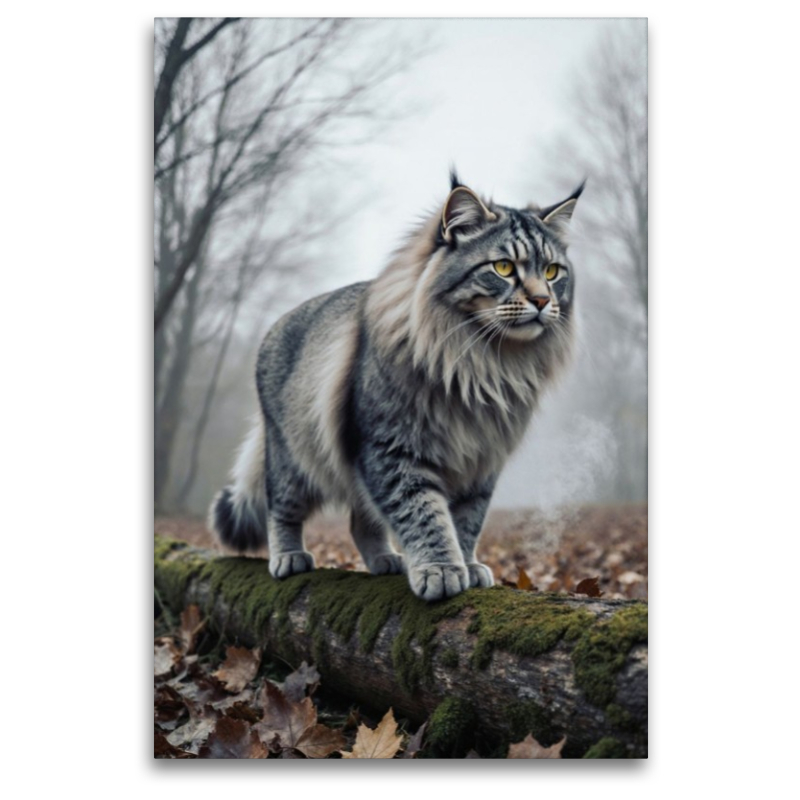 Die Maine Coon Katze schreitet durch den herbstlichen Wald und zeigt ihre kraftvolle Präsenz.