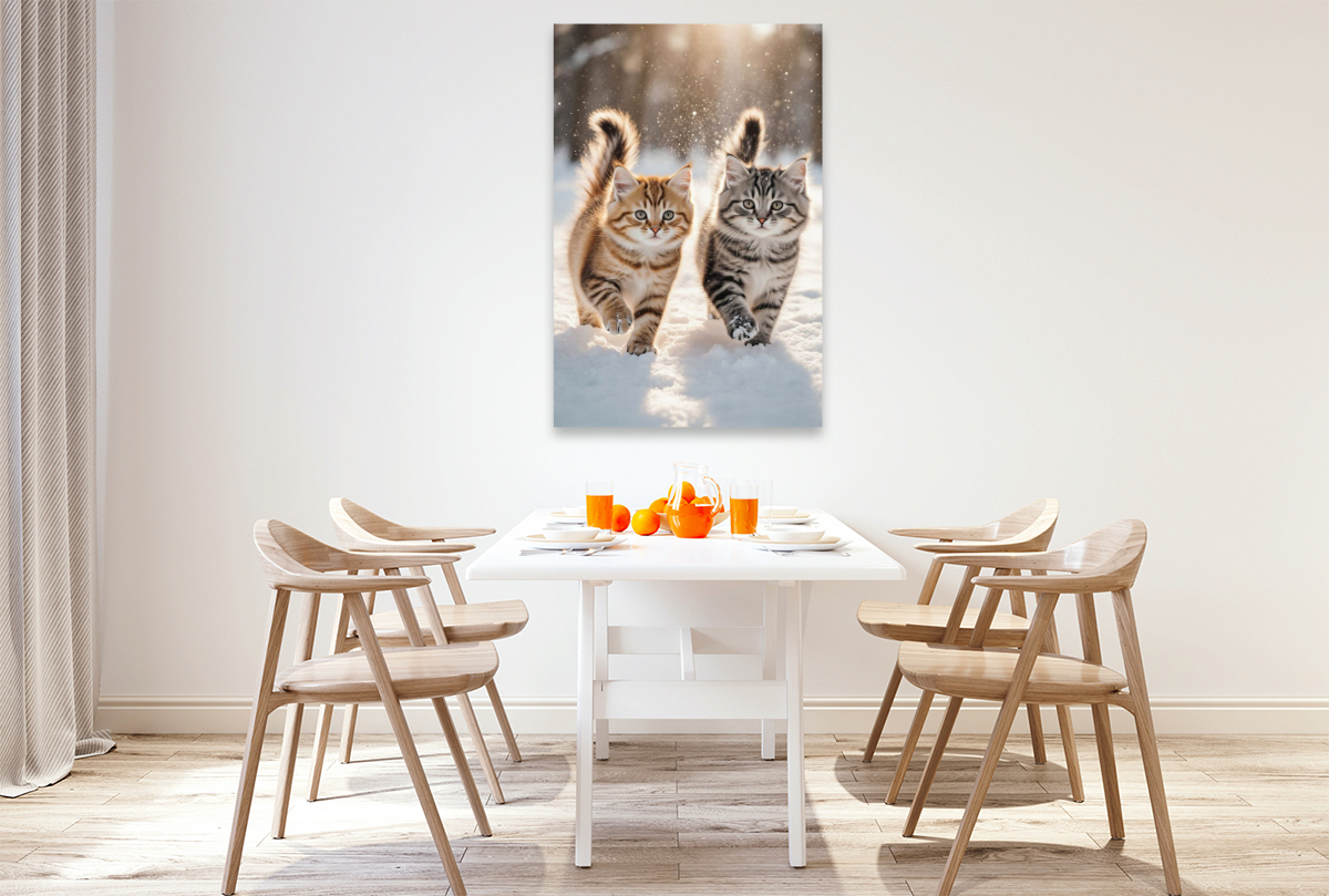 Zwei Maine Coon Katzenbabys toben im Schnee und verzaubern mit ihrem neugierigen Blick.