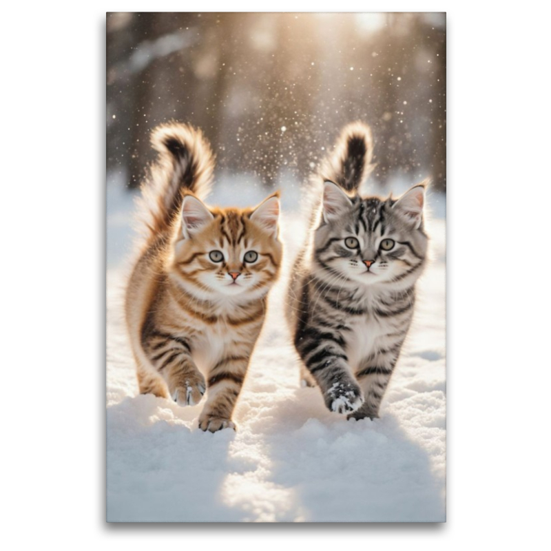 Zwei Maine Coon Katzenbabys toben im Schnee und verzaubern mit ihrem neugierigen Blick.