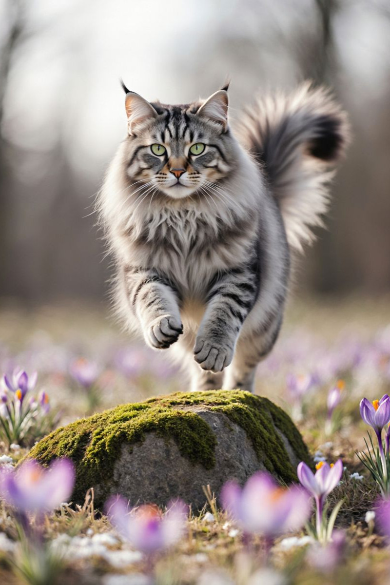 Eine Maine Coon Katze springt über einen Felsen und bewegt sich voller Energie durch die Frühlingsblumen