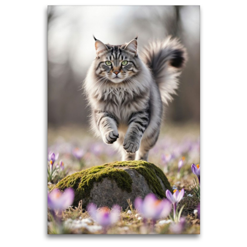 Eine Maine Coon Katze springt über einen Felsen und bewegt sich voller Energie durch die Frühlingsblumen