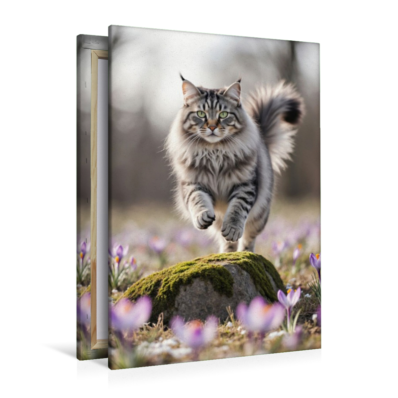 Eine Maine Coon Katze springt über einen Felsen und bewegt sich voller Energie durch die Frühlingsblumen