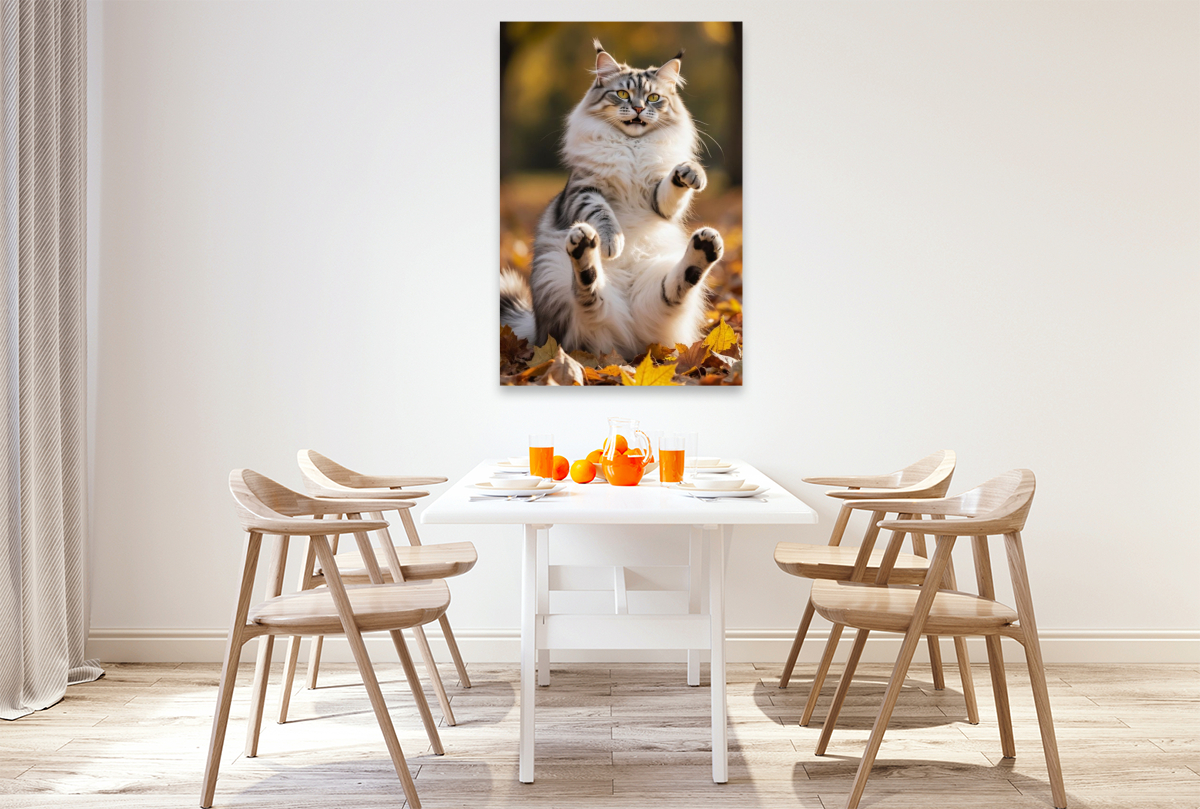 Eine Maine Coon Katze spielt im Herbstlaub und zeigt ihre verspielte Seite voller Lebensfreude