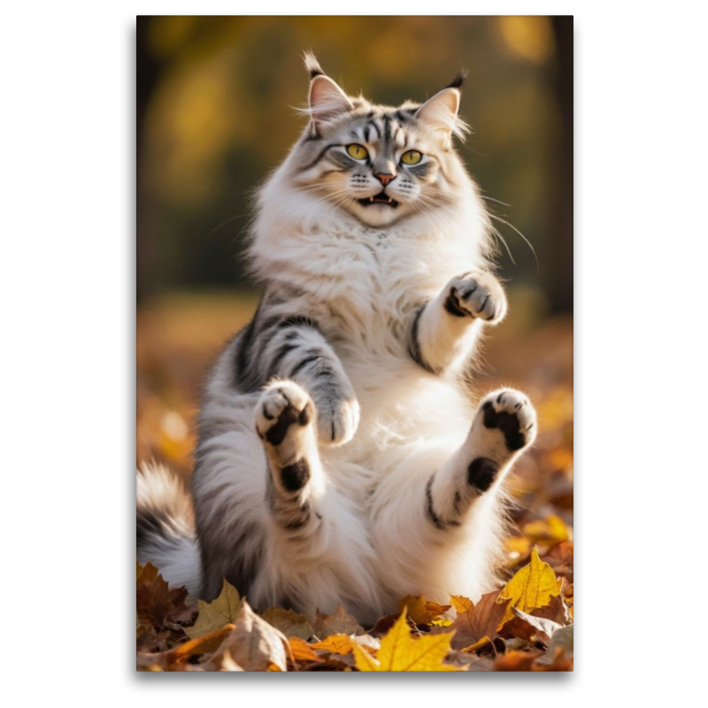 Eine Maine Coon Katze spielt im Herbstlaub und zeigt ihre verspielte Seite voller Lebensfreude