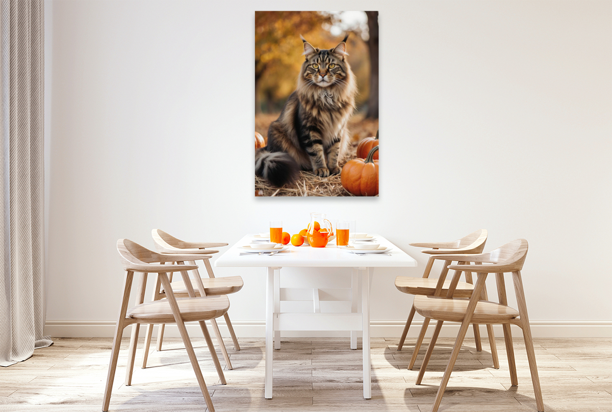 Eine Maine Coon Katze sitzt im Herbst zwischen Kürbissen und zeigt ihre elegante Ausstrahlung.