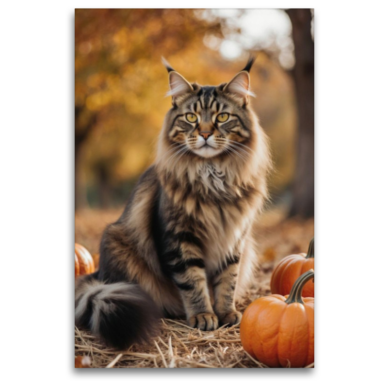 Eine Maine Coon Katze sitzt im Herbst zwischen Kürbissen und zeigt ihre elegante Ausstrahlung.