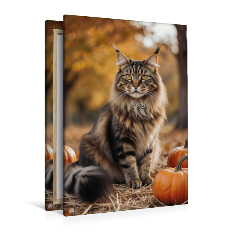 Eine Maine Coon Katze sitzt im Herbst zwischen Kürbissen und zeigt ihre elegante Ausstrahlung.
