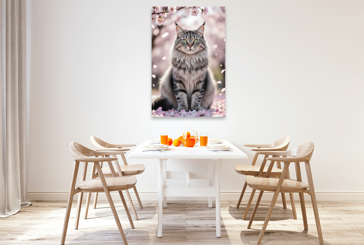 Eine Maine Coon Katze sitzt unter blühenden Kirschblüten und zeigt ihre ganze Schönheit.