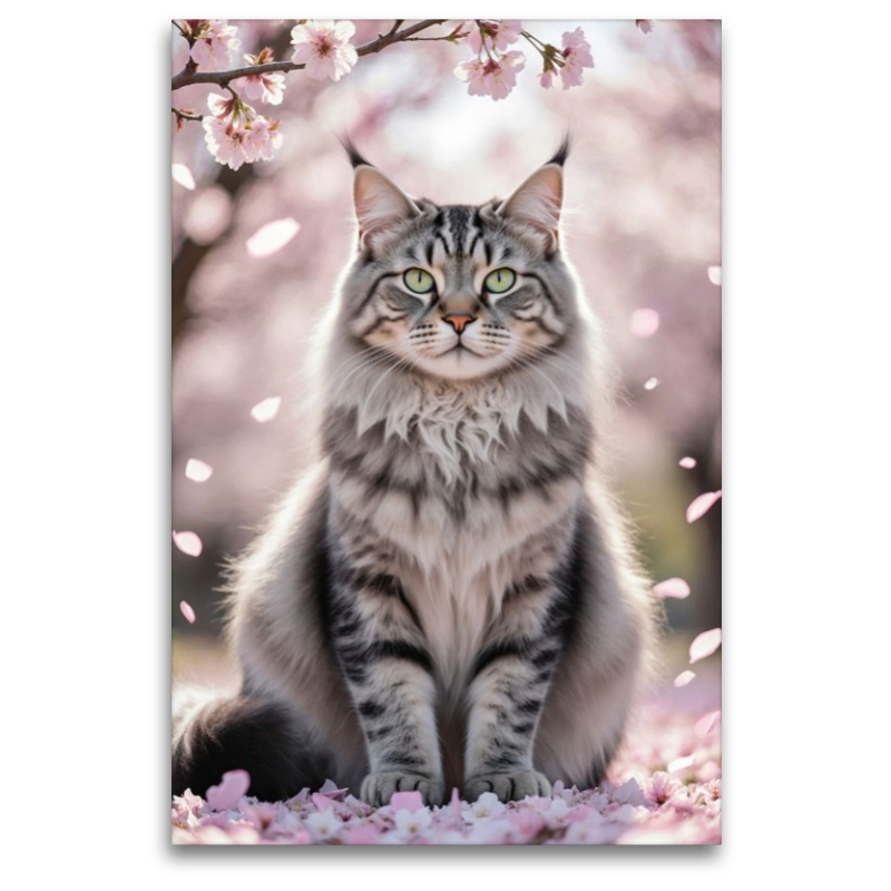 Eine Maine Coon Katze sitzt unter blühenden Kirschblüten und zeigt ihre ganze Schönheit.