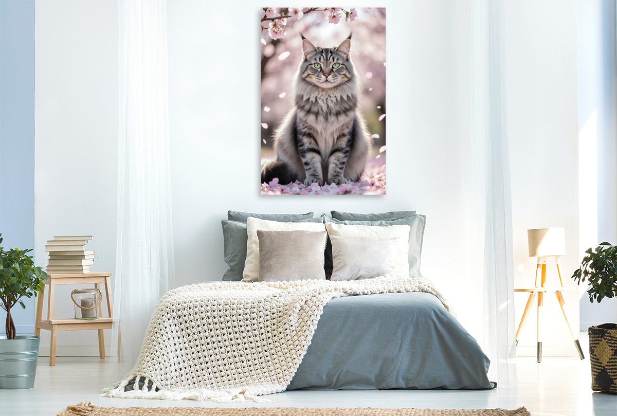 Eine Maine Coon Katze sitzt unter blühenden Kirschblüten und zeigt ihre ganze Schönheit.