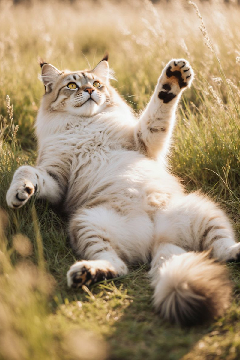 Eine Maine Coon Katze liegt entspannt im hohen Gras und streckt spielerisch ihre Pfote aus.