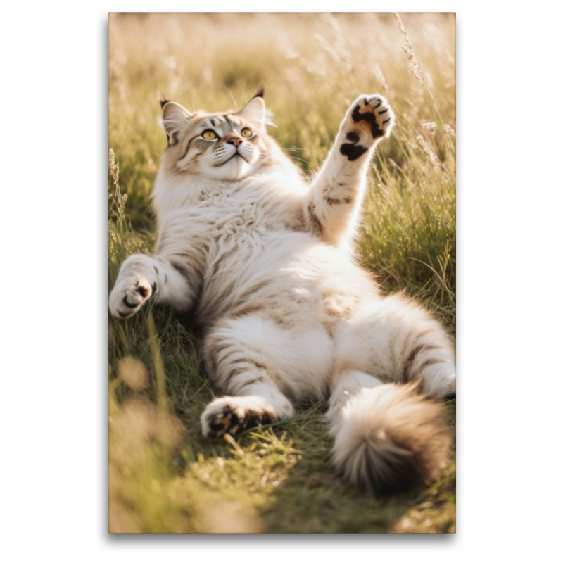 Eine Maine Coon Katze liegt entspannt im hohen Gras und streckt spielerisch ihre Pfote aus.