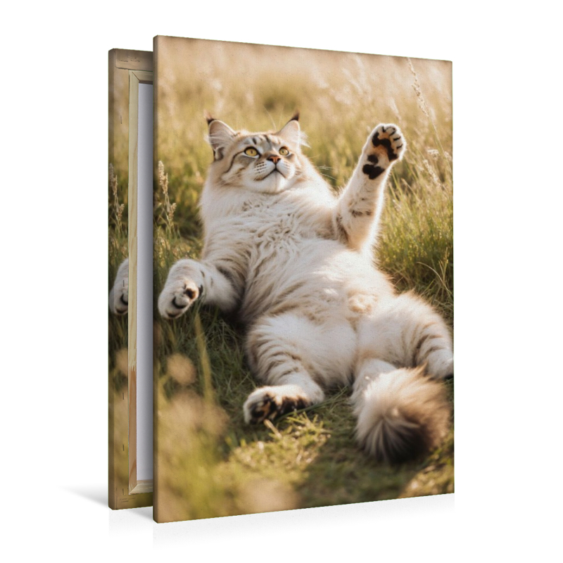 Eine Maine Coon Katze liegt entspannt im hohen Gras und streckt spielerisch ihre Pfote aus.