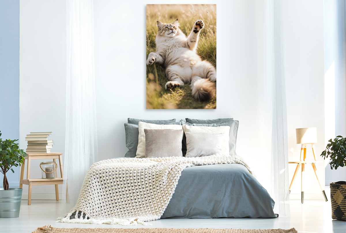 Eine Maine Coon Katze liegt entspannt im hohen Gras und streckt spielerisch ihre Pfote aus.