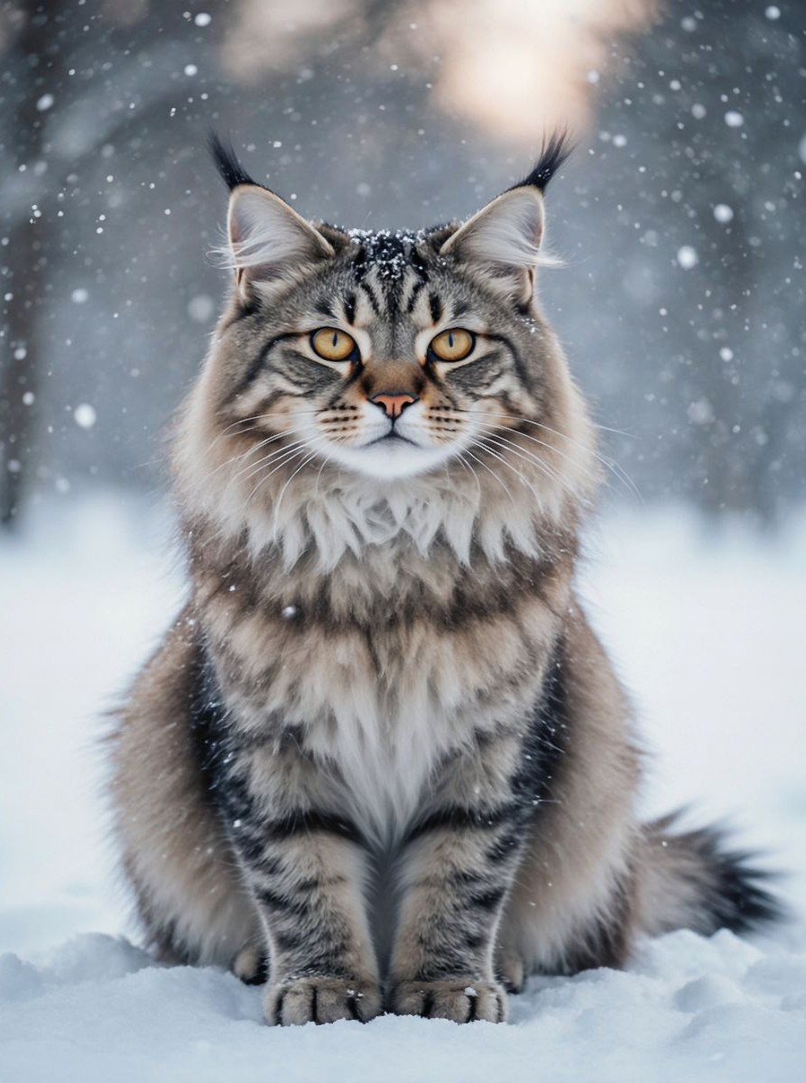 Die Maine Coon Katze sitzt im Schnee und zeigt ihre faszinierende Anmut im winterlichen Licht.