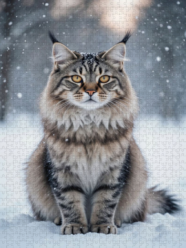 Die Maine Coon Katze sitzt im Schnee und zeigt ihre faszinierende Anmut im winterlichen Licht.