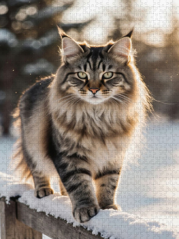 Majestätische Maine Coon Katze im Winter – edles Katzenporträt im Schnee
