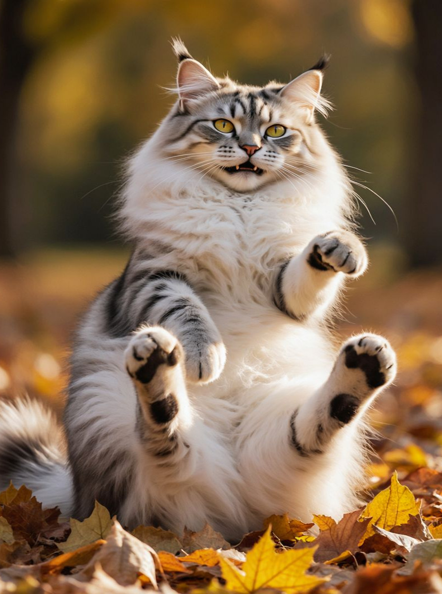 Eine Maine Coon Katze spielt im Herbstlaub und zeigt ihre verspielte Seite voller Lebensfreude