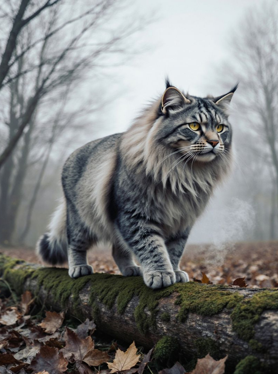 Die Maine Coon Katze schreitet durch den herbstlichen Wald und zeigt ihre kraftvolle Präsenz.