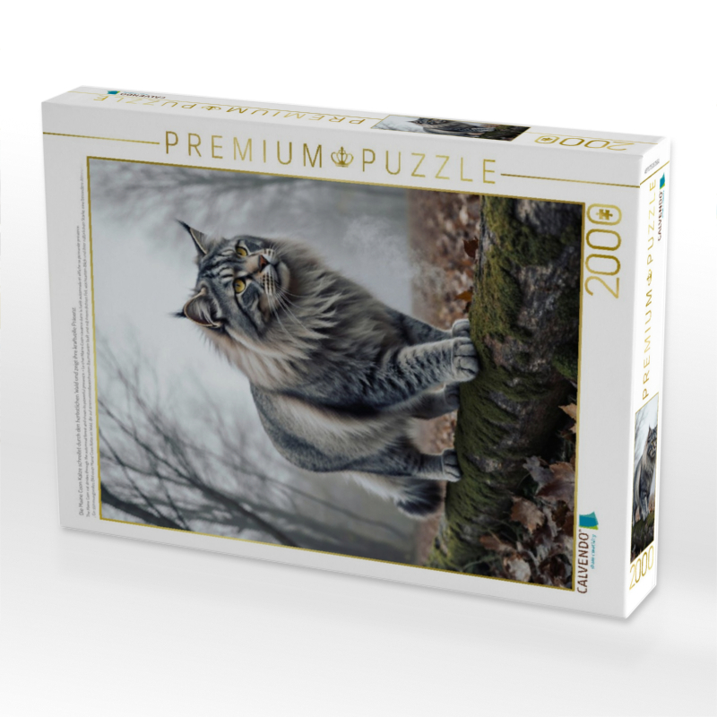 Die Maine Coon Katze schreitet durch den herbstlichen Wald und zeigt ihre kraftvolle Präsenz.