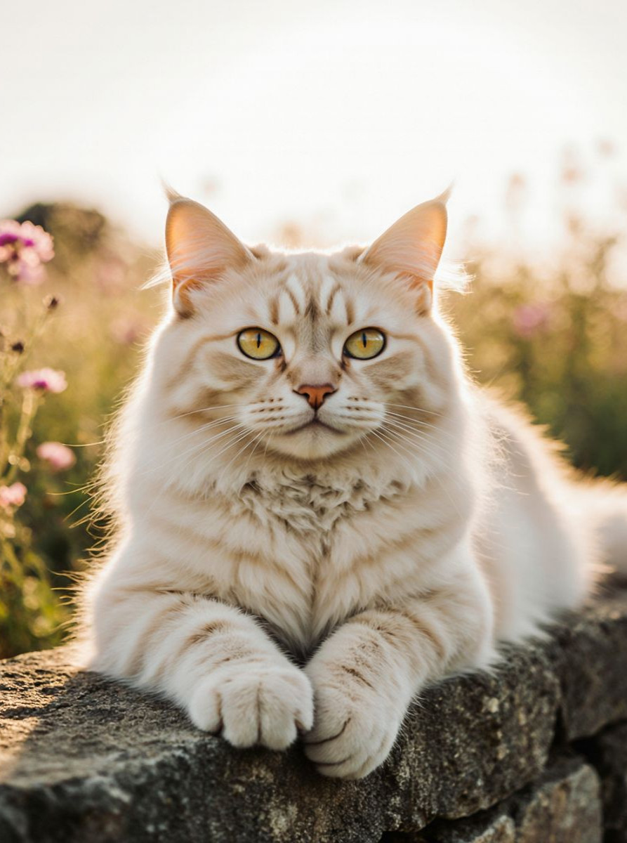 Die Maine Coon Katze liegt entspannt auf einer Mauer und genießt das warme Sonnenlicht.