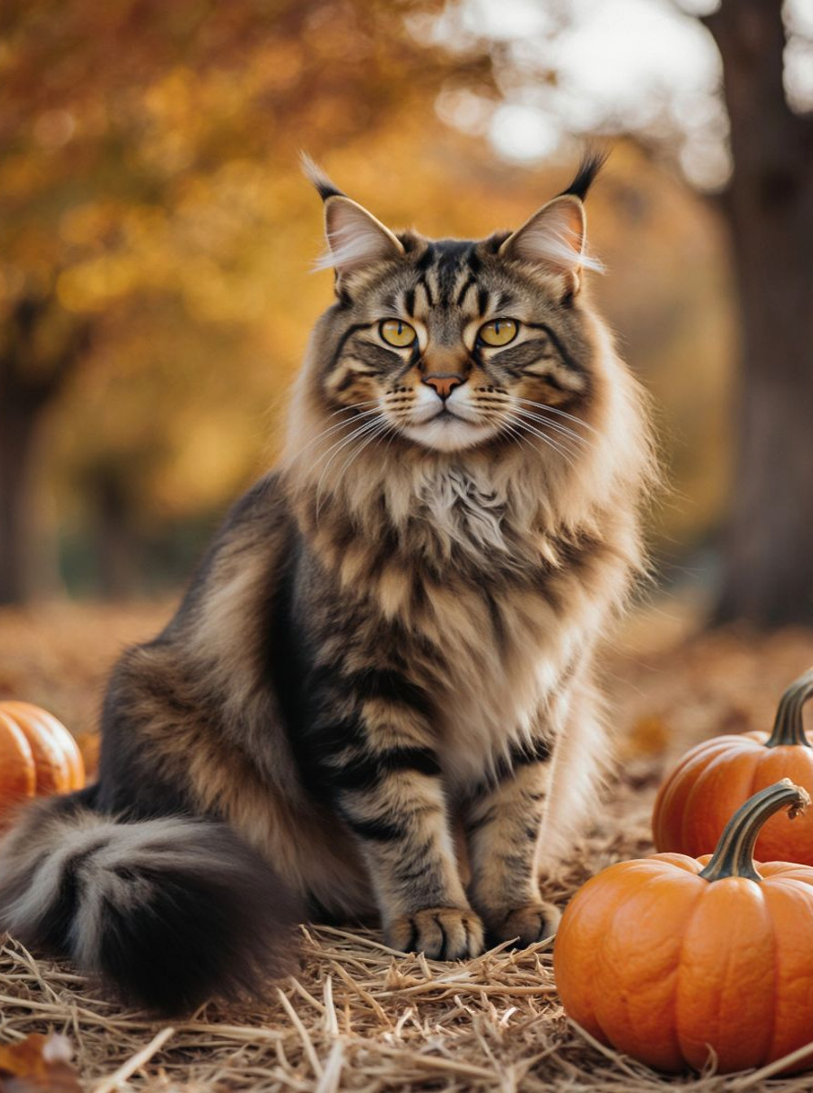 Eine Maine Coon Katze sitzt im Herbst zwischen Kürbissen und zeigt ihre elegante Ausstrahlung.