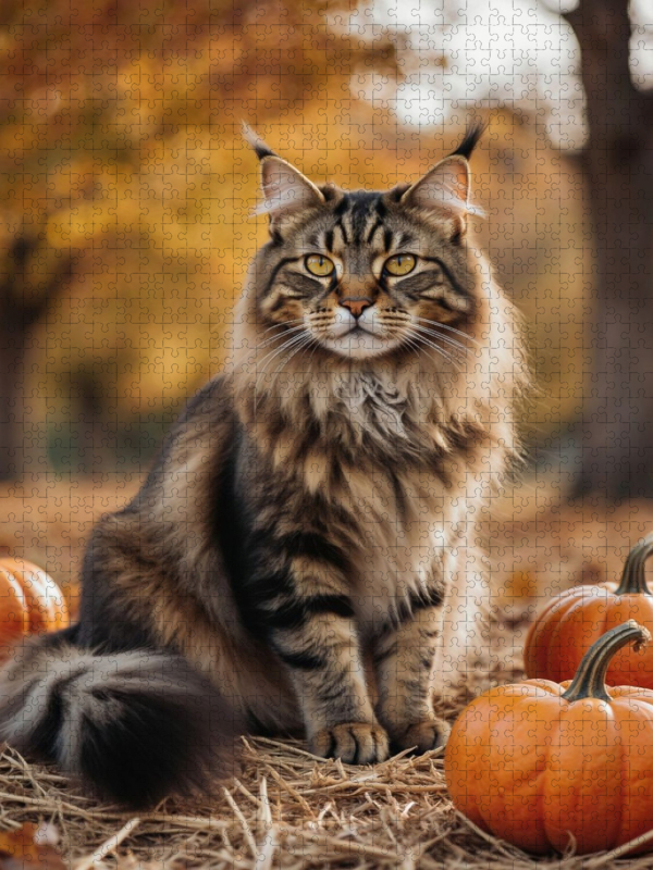 Eine Maine Coon Katze sitzt im Herbst zwischen Kürbissen und zeigt ihre elegante Ausstrahlung.