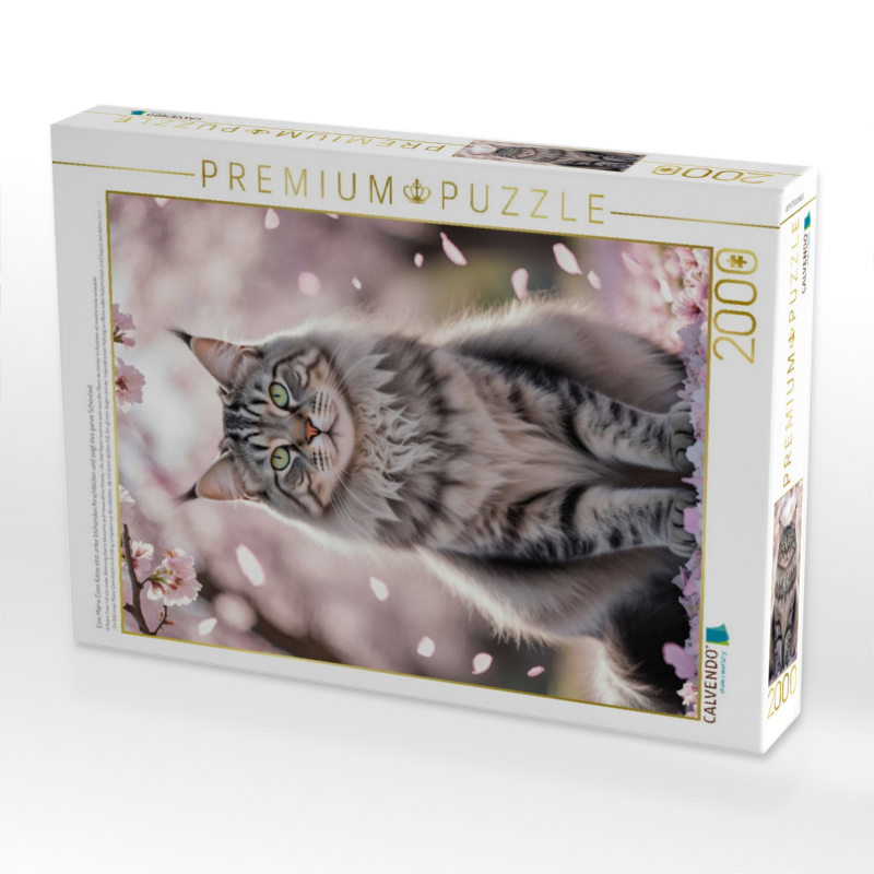 Eine Maine Coon Katze sitzt unter blühenden Kirschblüten und zeigt ihre ganze Schönheit.