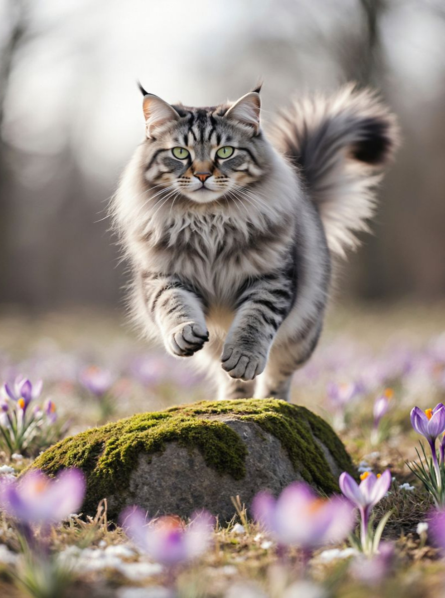 Eine Maine Coon Katze springt über einen Felsen und bewegt sich voller Energie durch die Frühlingsblumen