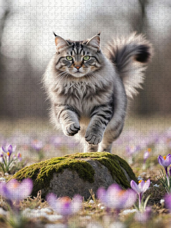 Eine Maine Coon Katze springt über einen Felsen und bewegt sich voller Energie durch die Frühlingsblumen