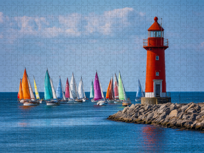 Segel wie bunte Schmetterlinge und der Leuchtturm wacht über den Tanz der Boote