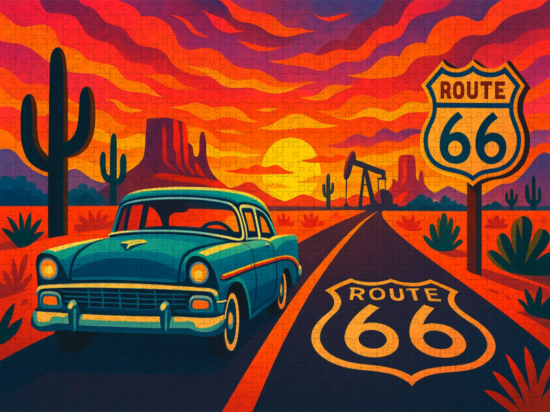 Route 66: Der Mythos des amerikanischen Westens. Wo Träume rollen, Motoren singen und die Sonne den Asphalt vergoldet.