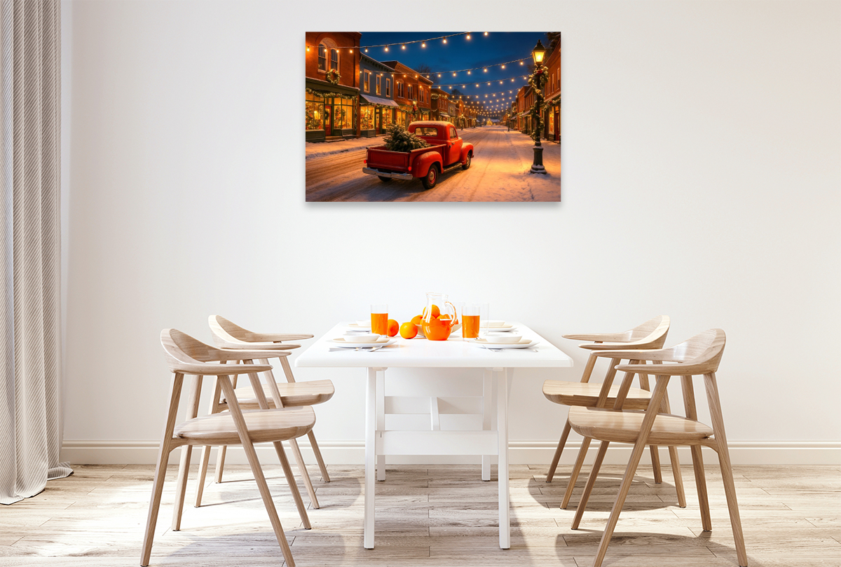 Weihnachten in Amerika – Magie im Lichterglanz. Ein roter Pickup, Schnee und festliche Straßenromantik