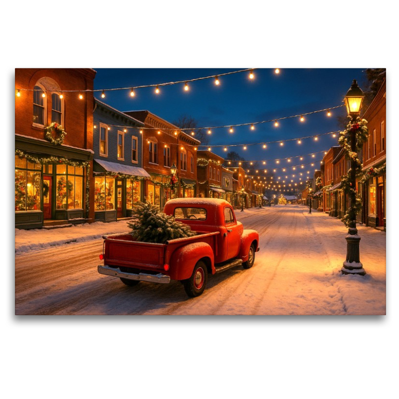 Weihnachten in Amerika – Magie im Lichterglanz. Ein roter Pickup, Schnee und festliche Straßenromantik