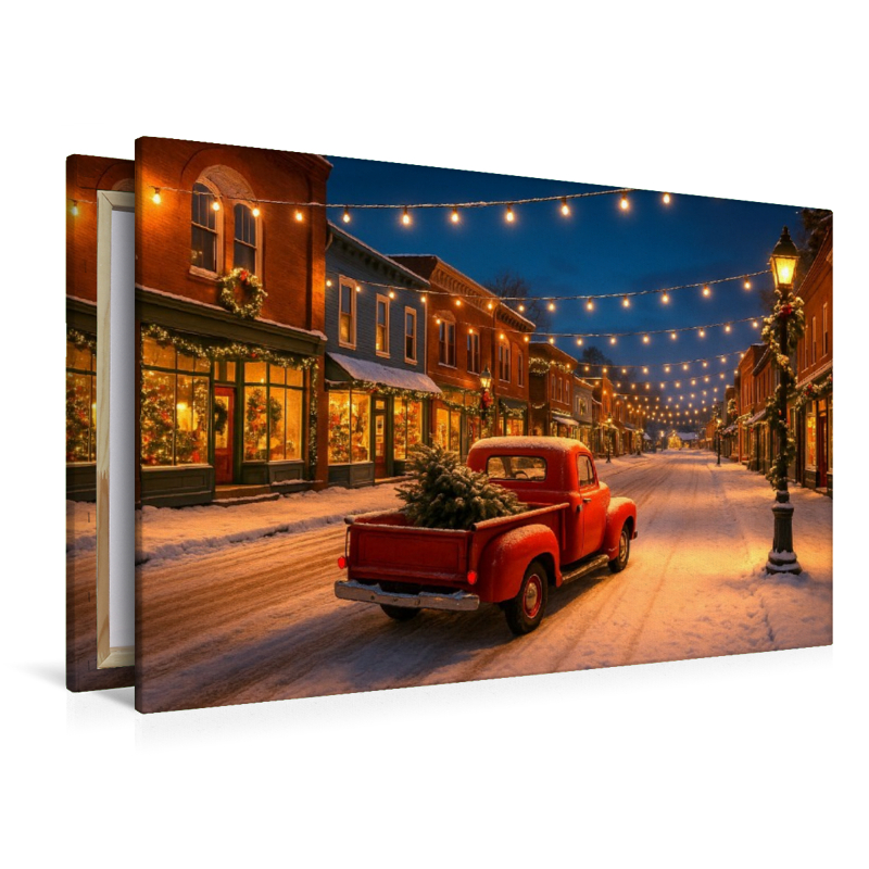 Weihnachten in Amerika – Magie im Lichterglanz. Ein roter Pickup, Schnee und festliche Straßenromantik
