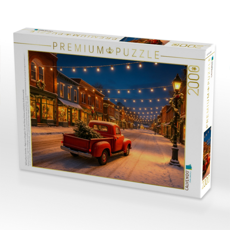 Weihnachten in Amerika – Magie im Lichterglanz. Ein roter Pickup, Schnee und festliche Straßenromantik