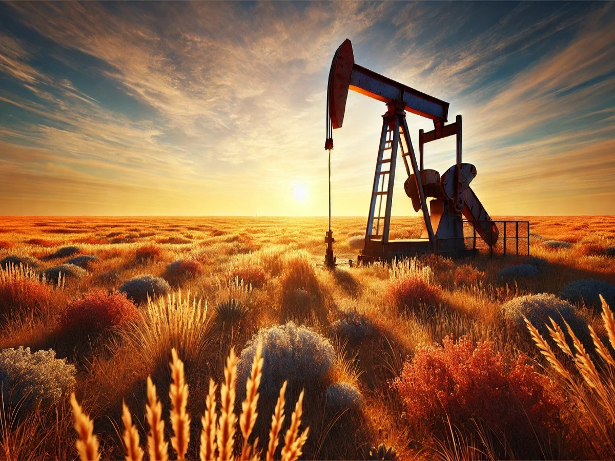 Pumpjack im Abendgold – Das Herz der Prärie. Wo Feuer, Stahl und Sonne um die Wette glühen.