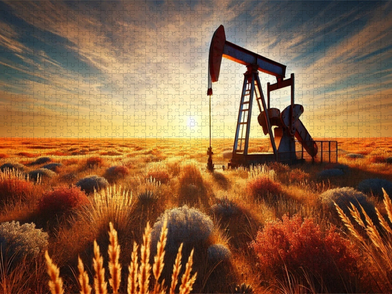 Pumpjack im Abendgold – Das Herz der Prärie. Wo Feuer, Stahl und Sonne um die Wette glühen.
