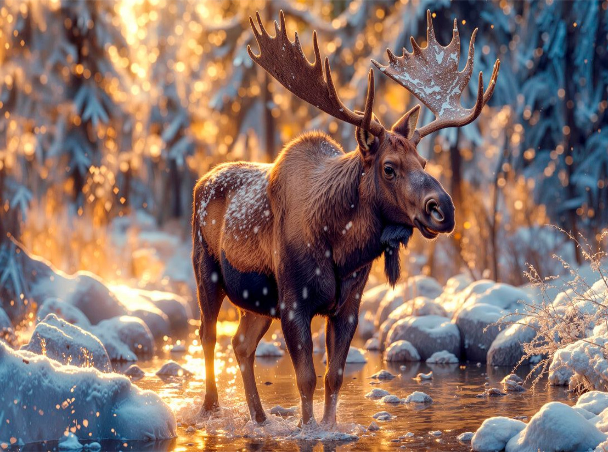 Ein Elch an einem Wintertag - in seiner Lieblingsumgebung: Wald, Wasser und Sträucher