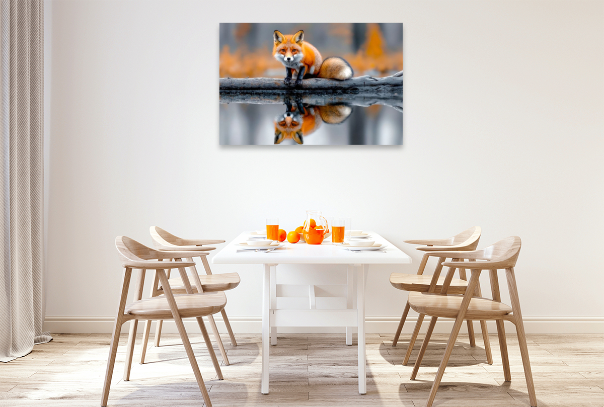 Ein neugieriger Fuchs auf einem treibenden Baumstamm, umgeben von stillem Wasser